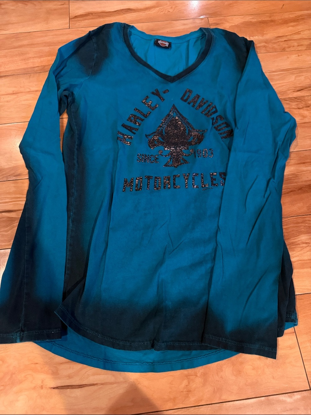 Y2K Harley-Davidson Teal & Black Ombre Long Sleeve V-Neck Tee